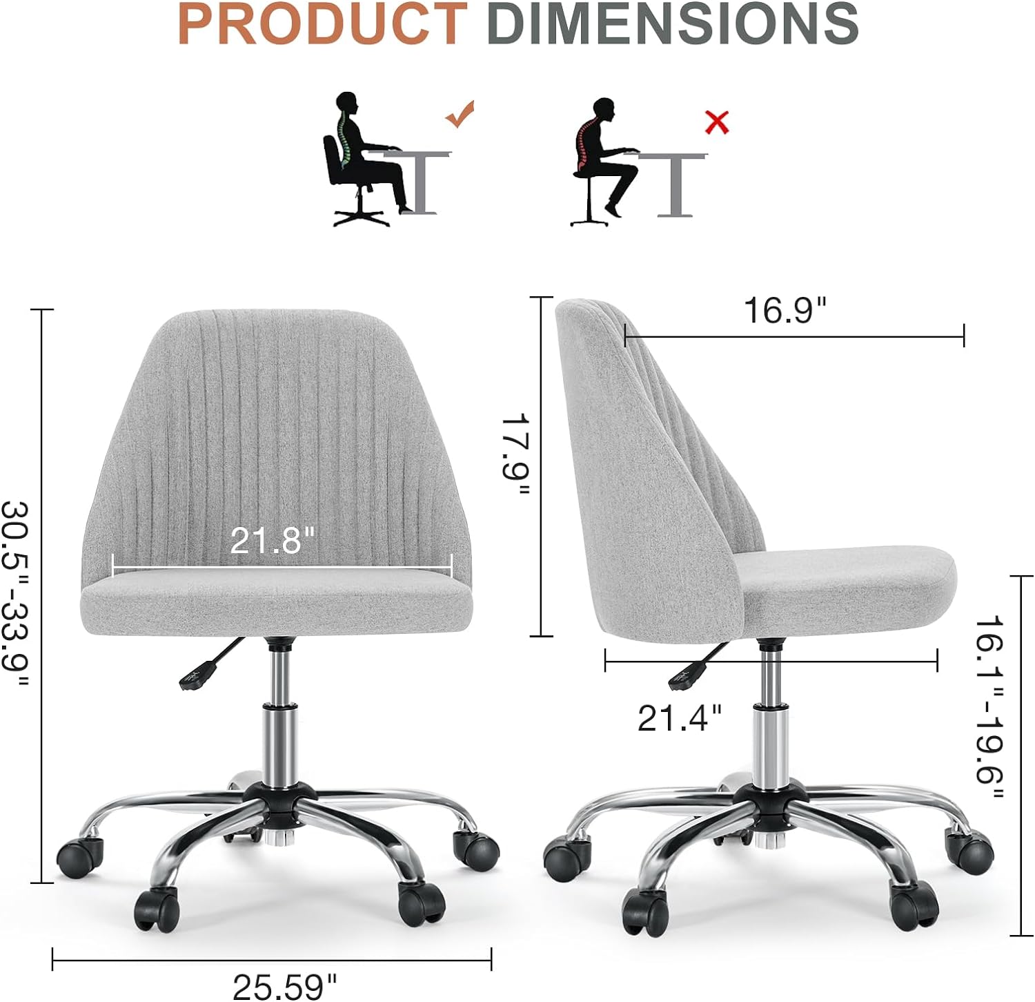 MCQ Office Desk Chair, Modern Cute Rolling Vanity Swivel Task Chairs with Wheels, Comfortable Back Seat Armless for Home, Bedrooms, Office, Study, Student, Adults, Make-up, Dressing Room, Cloud - Grand Goldman