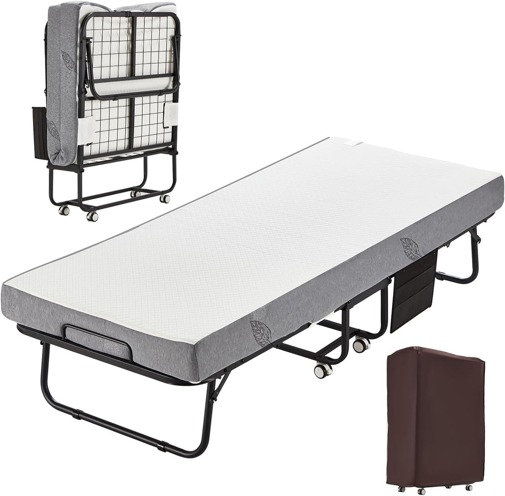 MELLCOM Folding Bed with Mattress,Portable Rollaway Guest Bed for Adults with 5 Inch Foam Mattress,Single Cot Size Foldable Bed with Metal Frame&Bed Side Pocket,75” x 31” - Grand Goldman