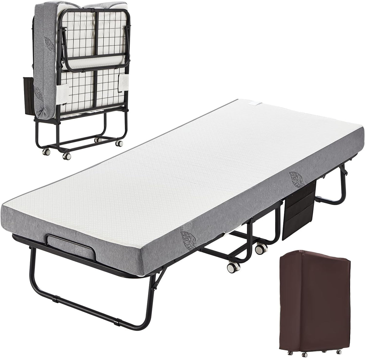 MELLCOM Folding Bed with Mattress,Portable Rollaway Guest Bed for Adults with 5 Inch Foam Mattress,Single Cot Size Foldable Bed with Metal Frame&Bed Side Pocket,75” x 31” - Grand Goldman