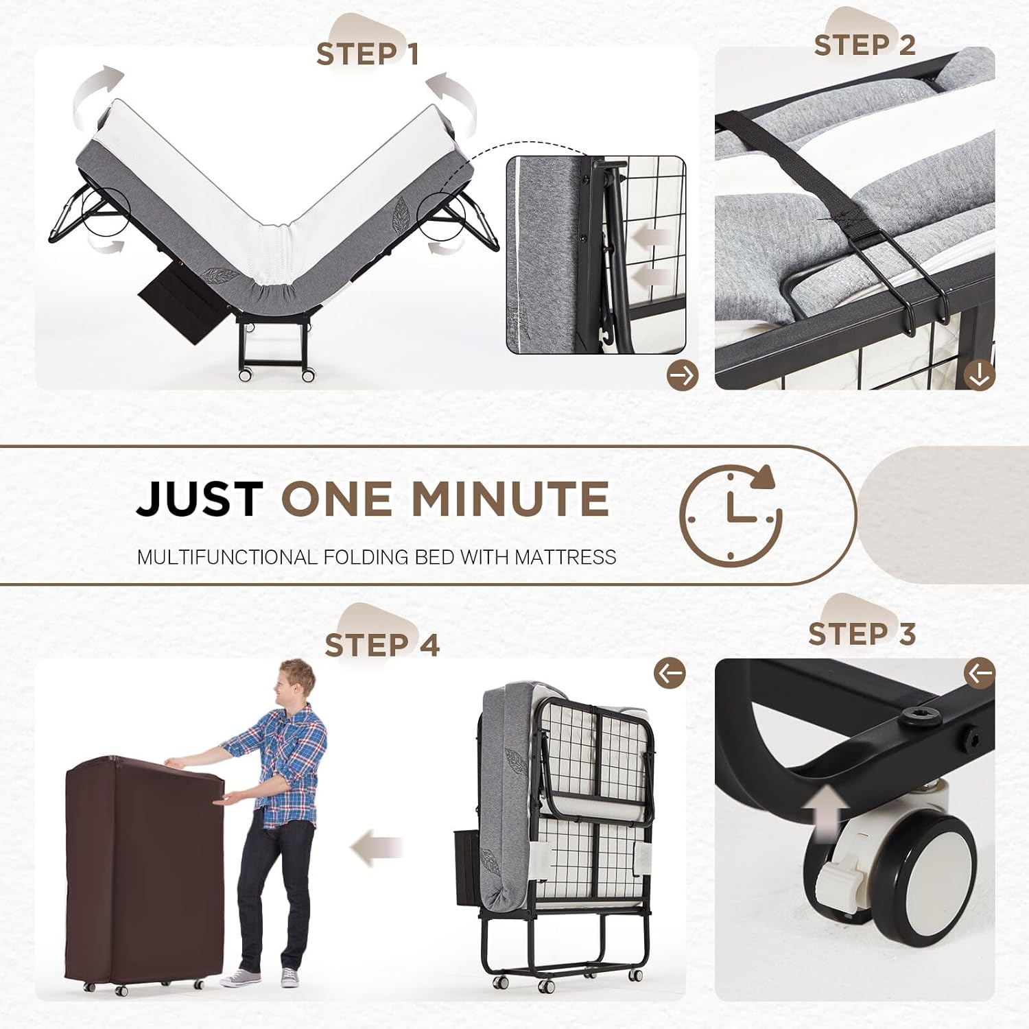 MELLCOM Folding Bed with Mattress,Portable Rollaway Guest Bed for Adults with 5 Inch Foam Mattress,Single Cot Size Foldable Bed with Metal Frame&Bed Side Pocket,75” x 31” - Grand Goldman