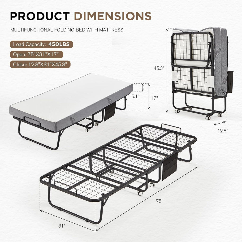 MELLCOM Folding Bed with Mattress,Portable Rollaway Guest Bed for Adults with 5 Inch Foam Mattress,Single Cot Size Foldable Bed with Metal Frame&Bed Side Pocket,75” x 31” - Grand Goldman