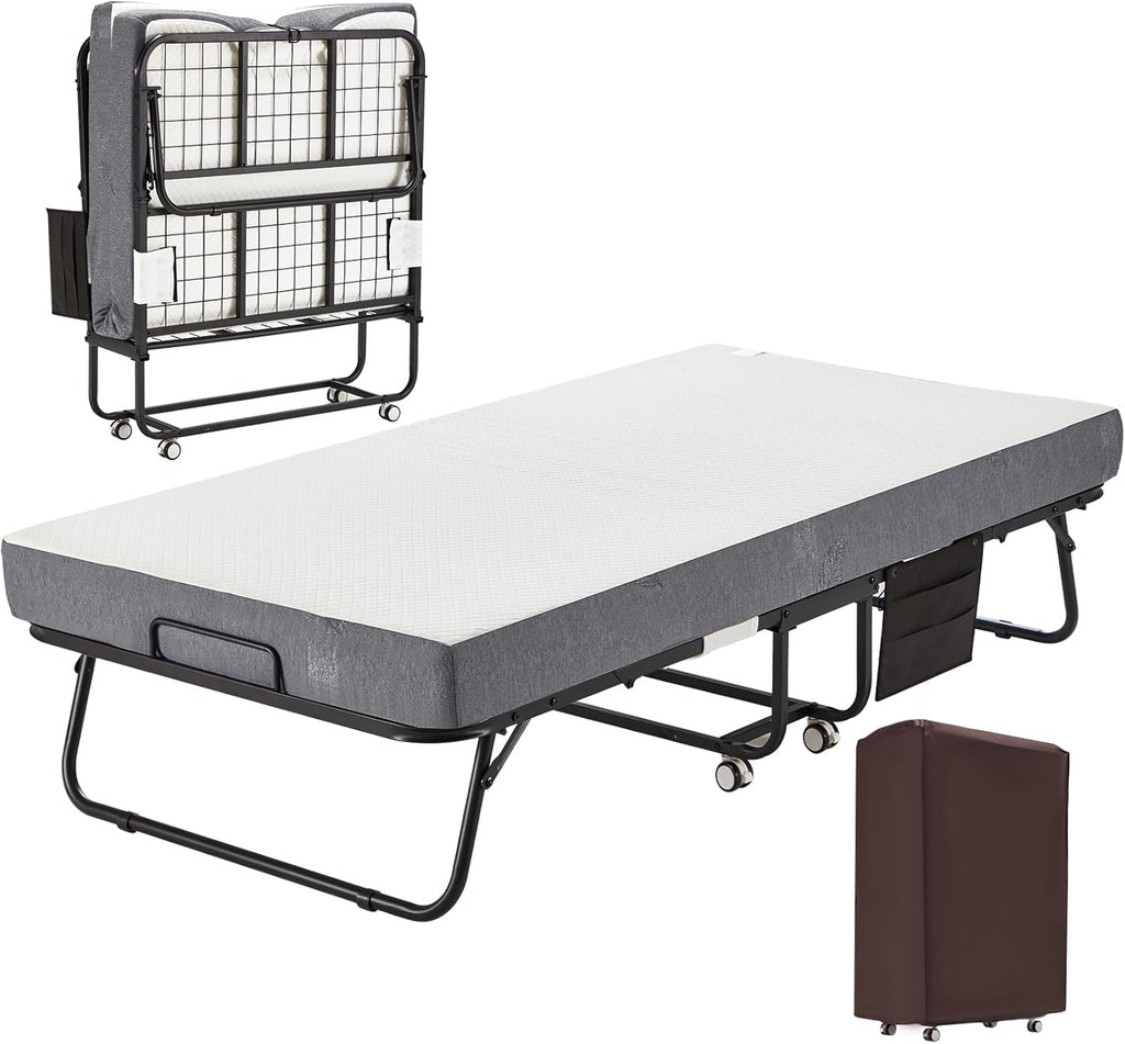 MELLCOM Folding Bed with Mattress,Portable Rollaway Guest Bed for Adults with 5 Inch Foam Mattress,Single Cot Size Foldable Bed with Metal Frame&Bed Side Pocket,75” x 31” - Grand Goldman