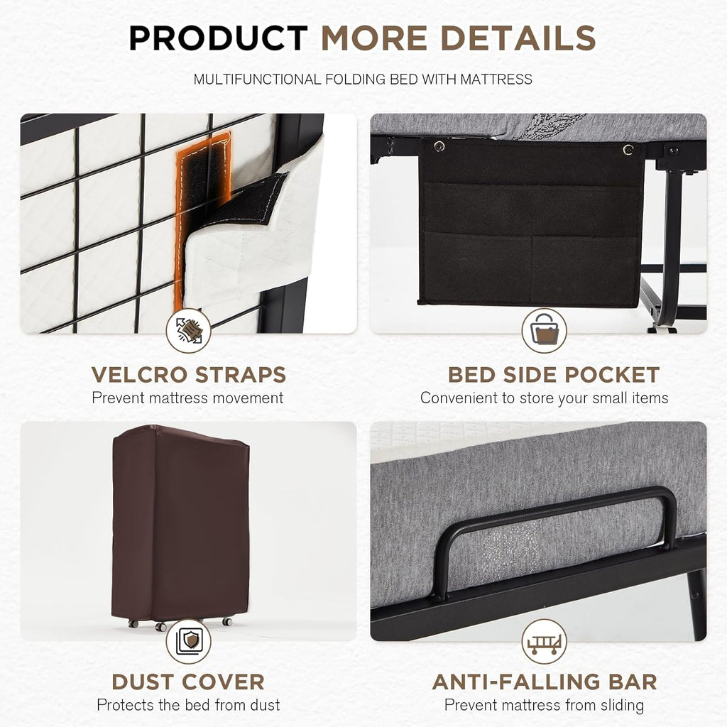 MELLCOM Folding Bed with Mattress,Portable Rollaway Guest Bed for Adults with 5 Inch Foam Mattress,Single Cot Size Foldable Bed with Metal Frame&Bed Side Pocket,75” x 31” - Grand Goldman