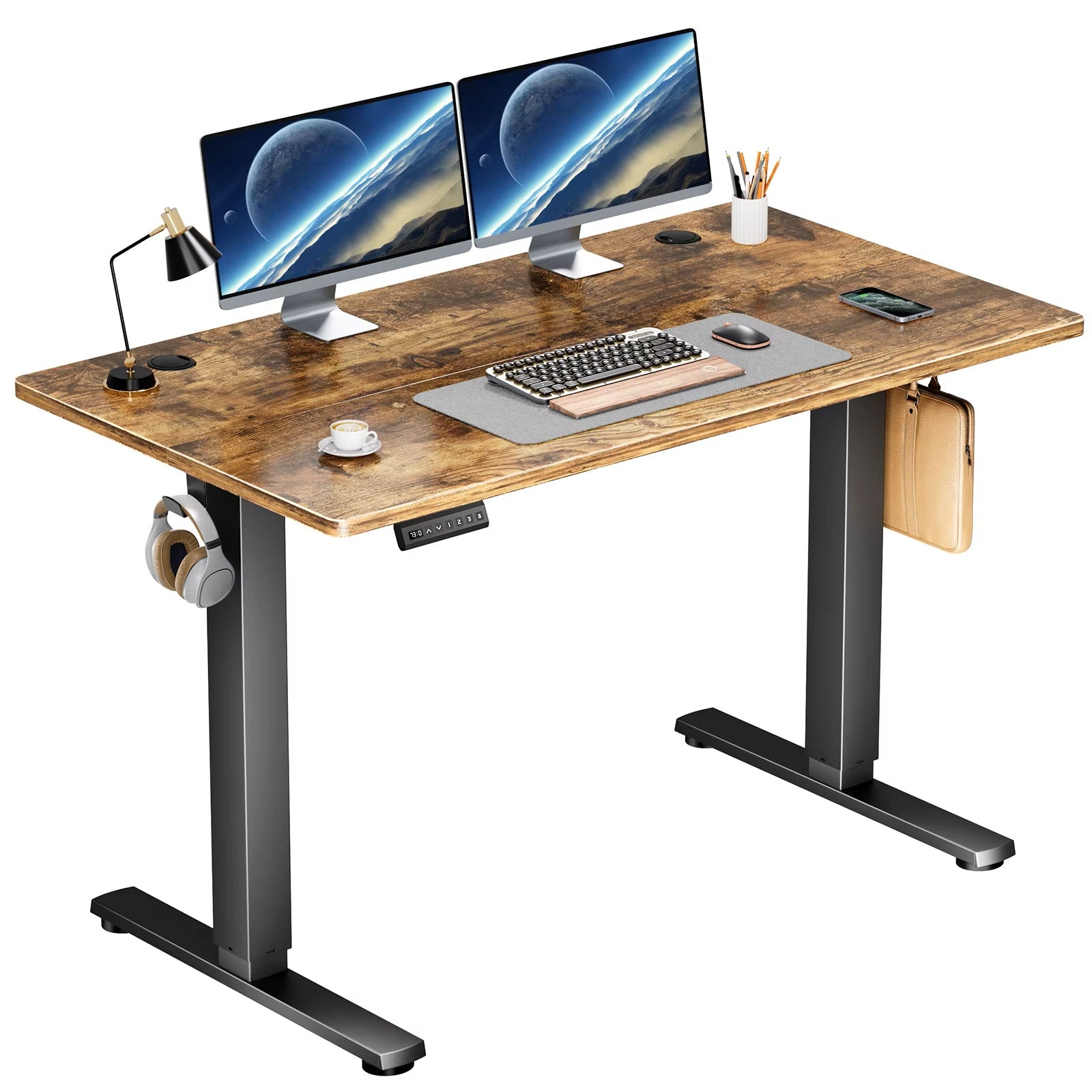 MILTON'S Electric Standing Desk 24x40 Inches – Adjustable Height, Rustic Brown Top, Ergonomic Sit Stand Workstation with Memory Settings
