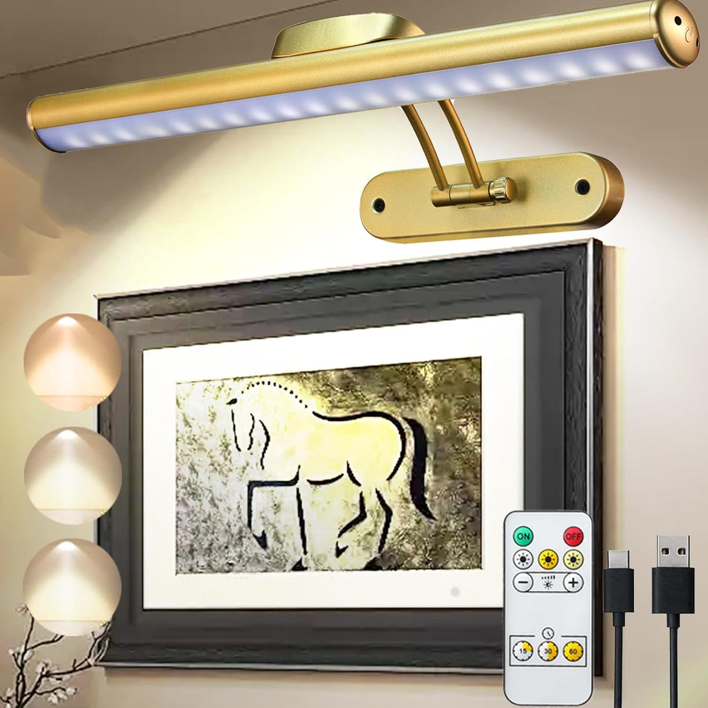 MIOBLUE Wireless Picture Lights,Rechargeable Battery Art Display Light with Remote Control, Dimmable/Timer Off Dartboard Light, 16 Inch Full Metal Accent Light with 40LEDs for Paintings,Picture,Frame - Grand Goldman