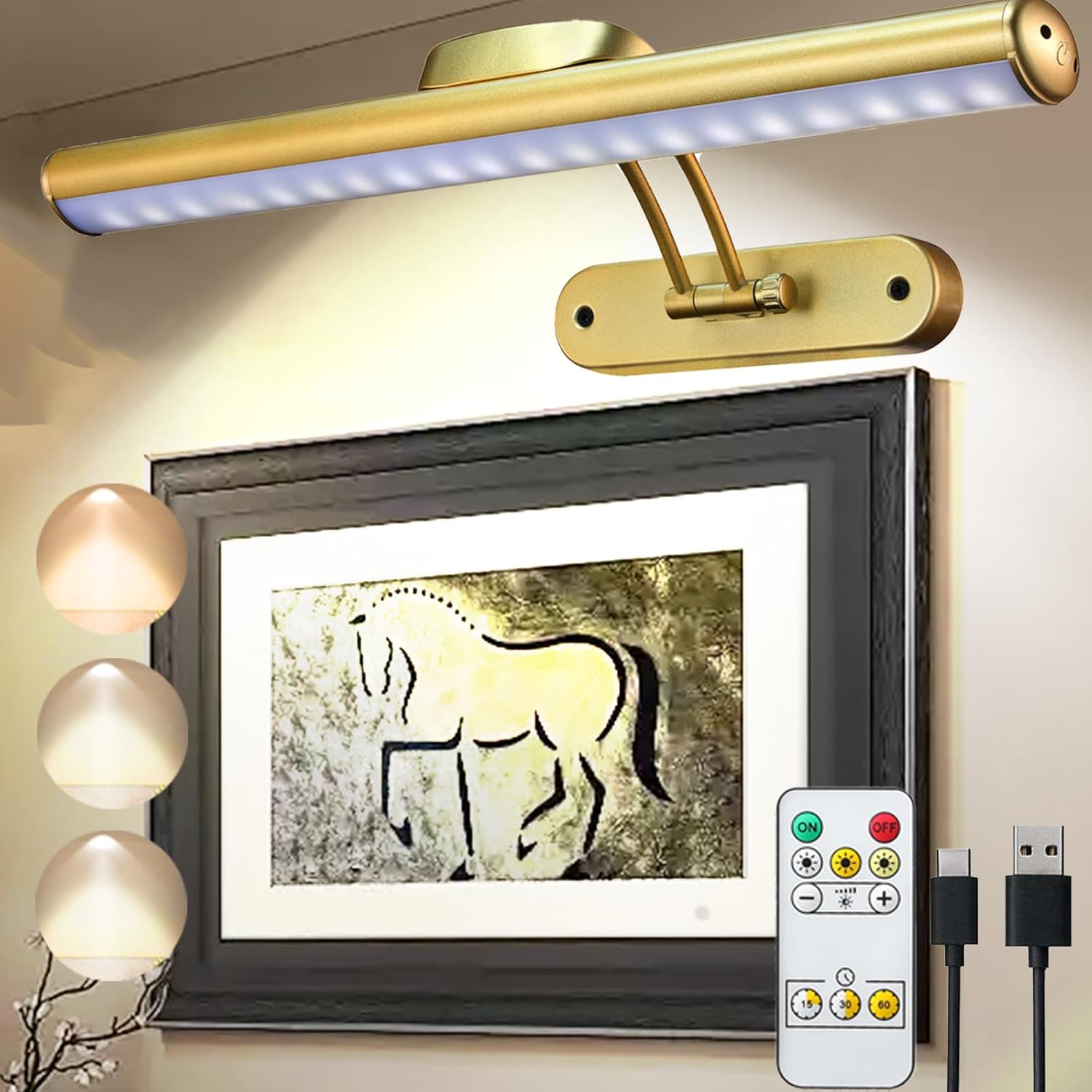 MIOBLUE Wireless Picture Lights,Rechargeable Battery Art Display Light with Remote Control, Dimmable/Timer Off Dartboard Light, 16 Inch Full Metal Accent Light with 40LEDs for Paintings,Picture,Frame - Grand Goldman