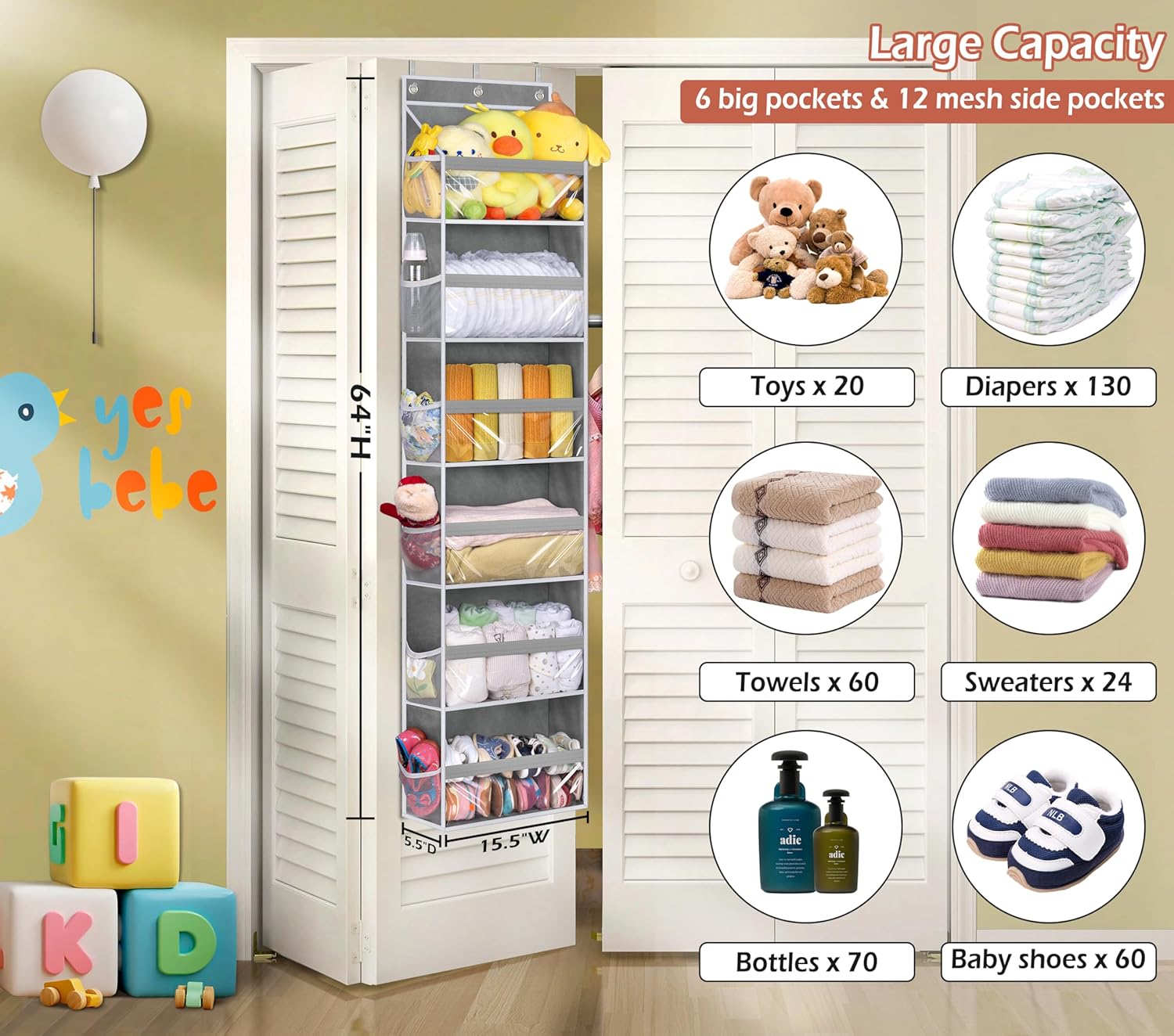 MISSLO Over the Door Organizer Hanging Storage with 6 Large Pockets 12 Side Pockets Closet Door Organizer Heavy Duty Baby Organization for Bathroom, Pantry, Bedroom, Nursery, Clothes, Toys, Diapers - Grand Goldman