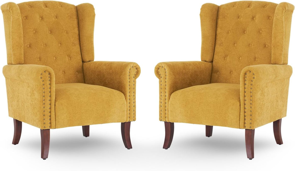 MOJAY Faux Leather Accent Chairs Set of 2, Mid-Century Modern Living Room Chairs Upholstered Club Arm Chair, Single Sofa Chair with Solid Wooden Legs for Bedroom Study Home Office Lounges (Camel) - Grand Goldman