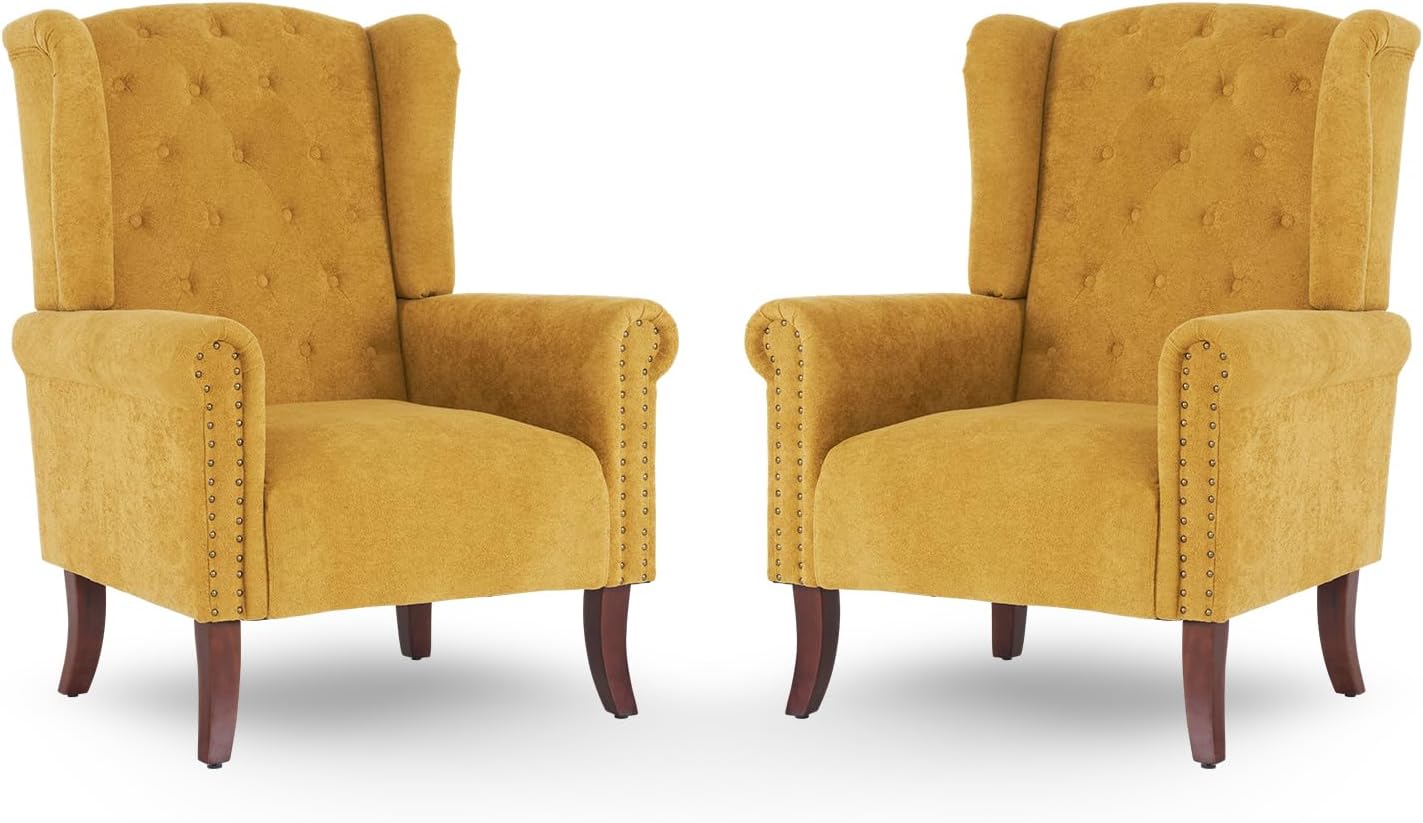 MOJAY Faux Leather Accent Chairs Set of 2, Mid-Century Modern Living Room Chairs Upholstered Club Arm Chair, Single Sofa Chair with Solid Wooden Legs for Bedroom Study Home Office Lounges (Camel) - Grand Goldman