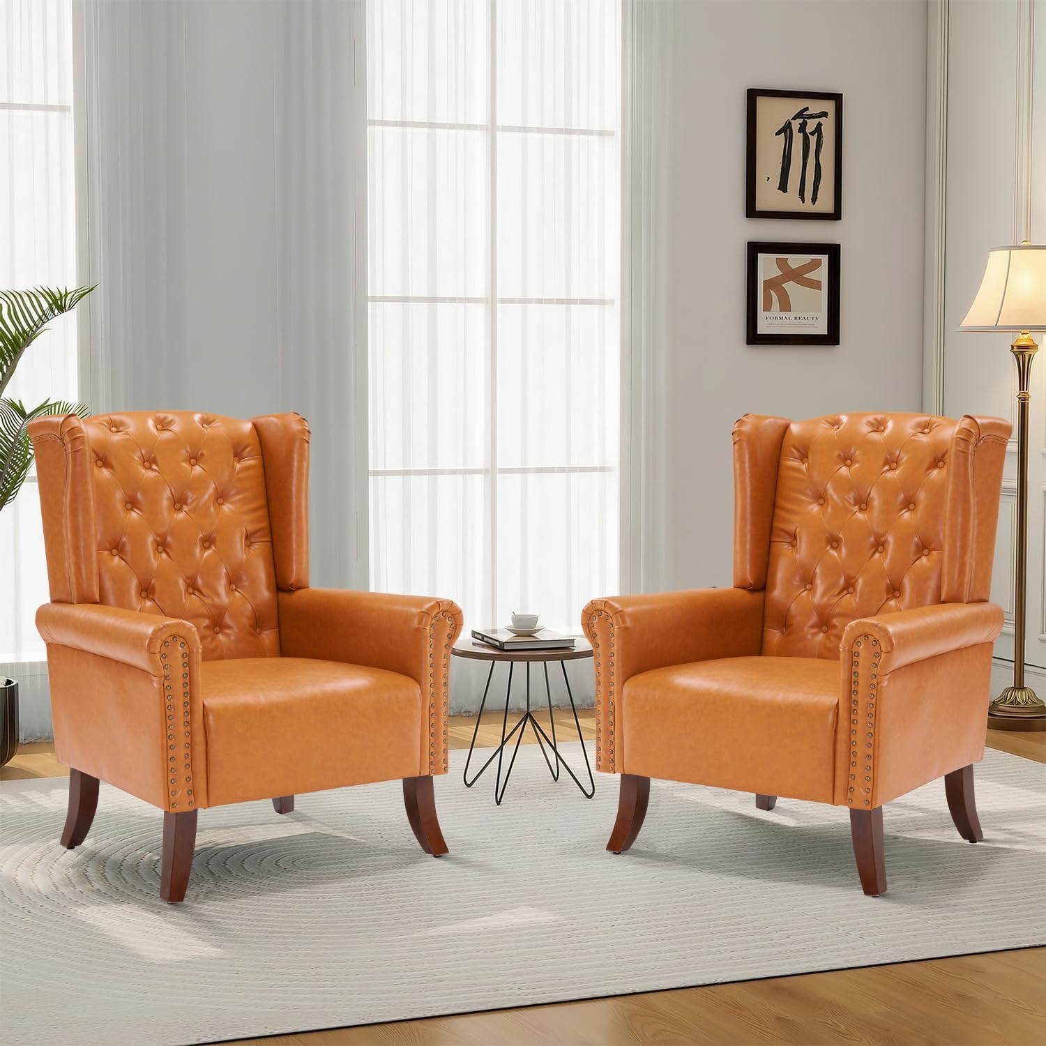 MOJAY Faux Leather Accent Chairs Set of 2, Mid-Century Modern Living Room Chairs Upholstered Club Arm Chair, Single Sofa Chair with Solid Wooden Legs for Bedroom Study Home Office Lounges (Camel) - Grand Goldman
