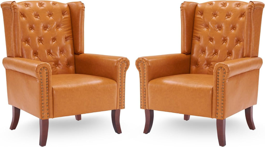 MOJAY Faux Leather Accent Chairs Set of 2, Mid-Century Modern Living Room Chairs Upholstered Club Arm Chair, Single Sofa Chair with Solid Wooden Legs for Bedroom Study Home Office Lounges (Camel) - Grand Goldman