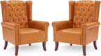 MOJAY Faux Leather Accent Chairs Set of 2, Mid-Century Modern Living Room Chairs Upholstered Club Arm Chair, Single Sofa Chair with Solid Wooden Legs for Bedroom Study Home Office Lounges (Camel) - Grand Goldman