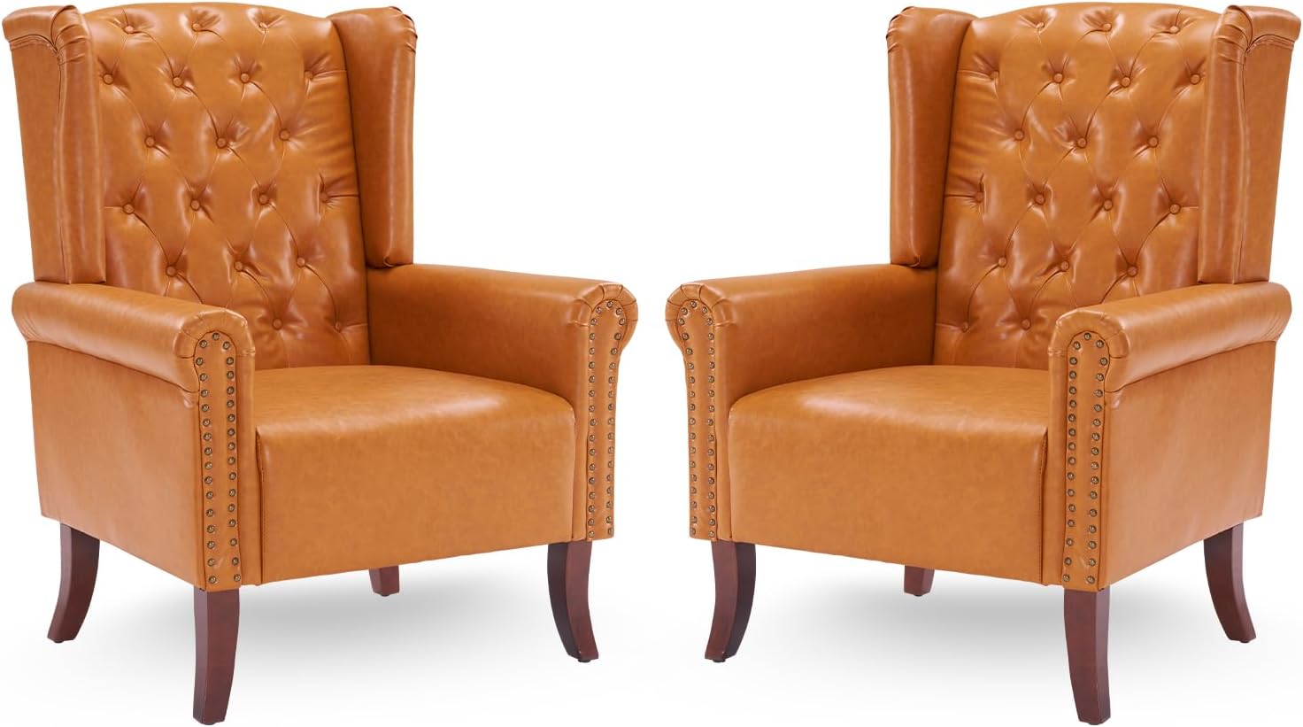 MOJAY Faux Leather Accent Chairs Set of 2, Mid-Century Modern Living Room Chairs Upholstered Club Arm Chair, Single Sofa Chair with Solid Wooden Legs for Bedroom Study Home Office Lounges (Camel) - Grand Goldman
