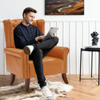 MOJAY Faux Leather Accent Chairs Set of 2, Mid-Century Modern Living Room Chairs Upholstered Club Arm Chair, Single Sofa Chair with Solid Wooden Legs for Bedroom Study Home Office Lounges (Camel) - Grand Goldman