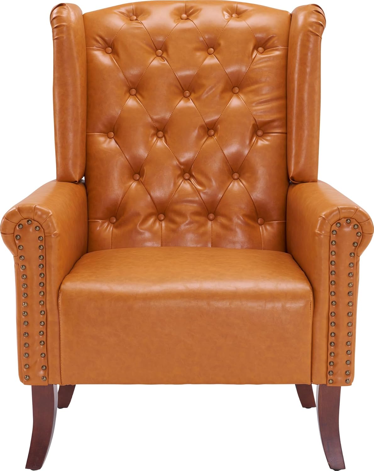 MOJAY Faux Leather Accent Chairs Set of 2, Mid-Century Modern Living Room Chairs Upholstered Club Arm Chair, Single Sofa Chair with Solid Wooden Legs for Bedroom Study Home Office Lounges (Camel) - Grand Goldman