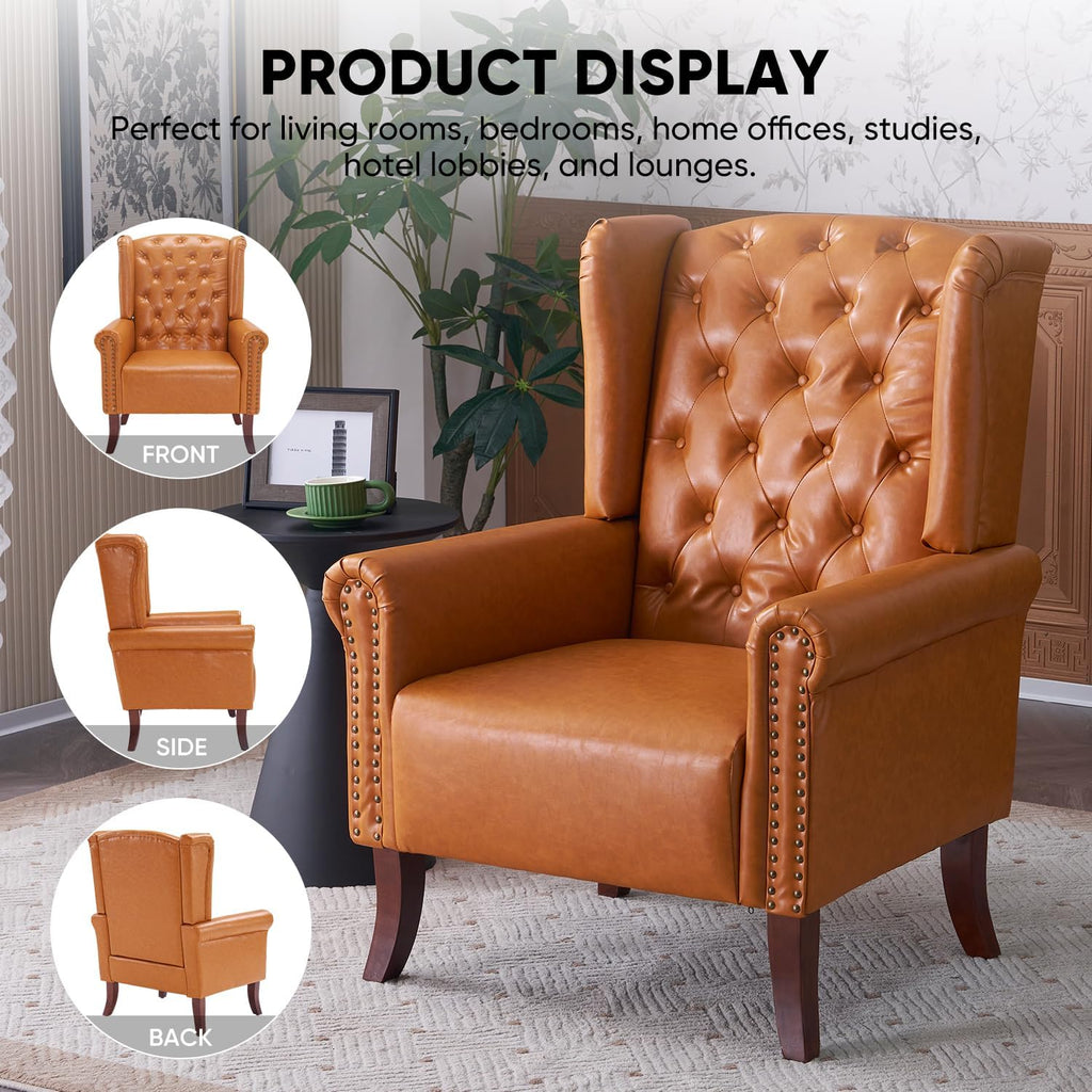 MOJAY Faux Leather Accent Chairs Set of 2, Mid-Century Modern Living Room Chairs Upholstered Club Arm Chair, Single Sofa Chair with Solid Wooden Legs for Bedroom Study Home Office Lounges (Camel) - Grand Goldman
