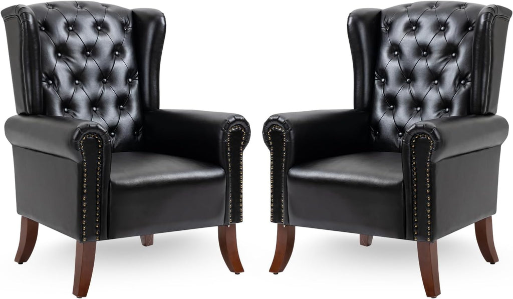 MOJAY Faux Leather Accent Chairs Set of 2, Mid-Century Modern Living Room Chairs Upholstered Club Arm Chair, Single Sofa Chair with Solid Wooden Legs for Bedroom Study Home Office Lounges (Camel) - Grand Goldman