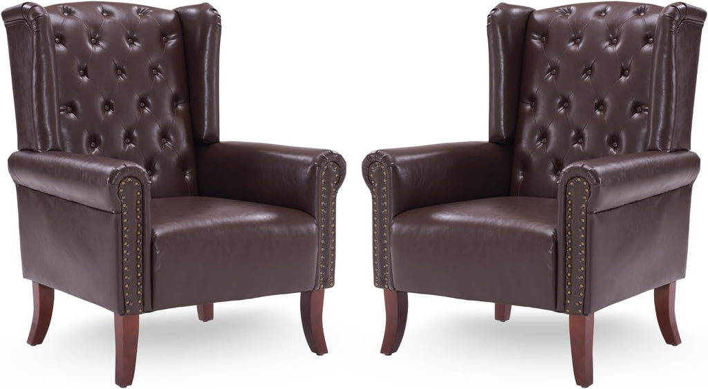 MOJAY Faux Leather Accent Chairs Set of 2, Mid-Century Modern Living Room Chairs Upholstered Club Arm Chair, Single Sofa Chair with Solid Wooden Legs for Bedroom Study Home Office Lounges (Camel) - Grand Goldman