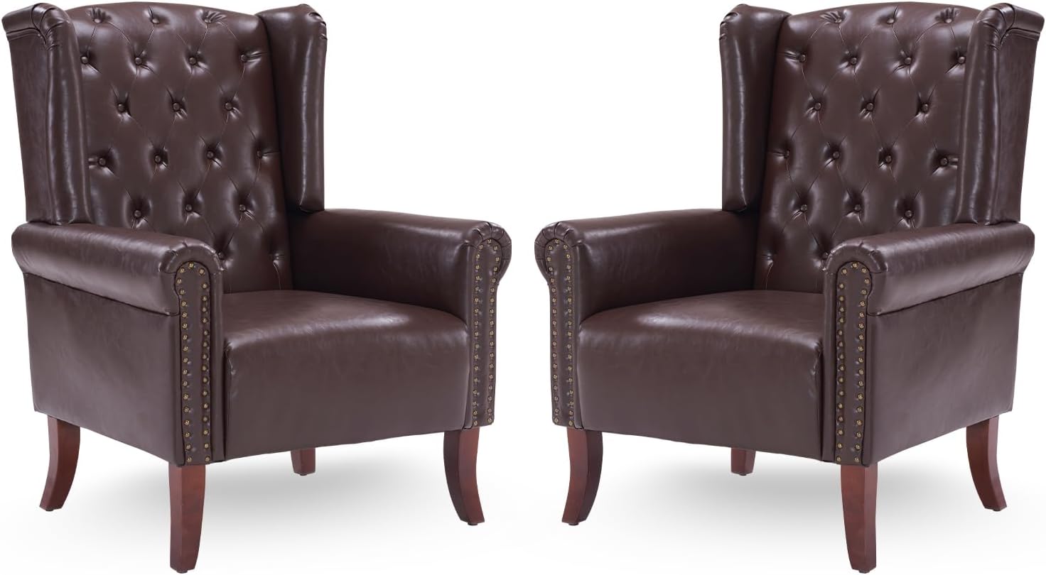 MOJAY Faux Leather Accent Chairs Set of 2, Mid-Century Modern Living Room Chairs Upholstered Club Arm Chair, Single Sofa Chair with Solid Wooden Legs for Bedroom Study Home Office Lounges (Camel) - Grand Goldman