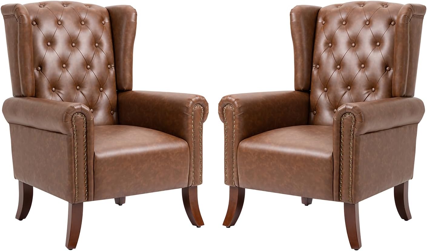 MOJAY Faux Leather Accent Chairs Set of 2, Mid-Century Modern Living Room Chairs Upholstered Club Arm Chair, Single Sofa Chair with Solid Wooden Legs for Bedroom Study Home Office Lounges (Camel) - Grand Goldman