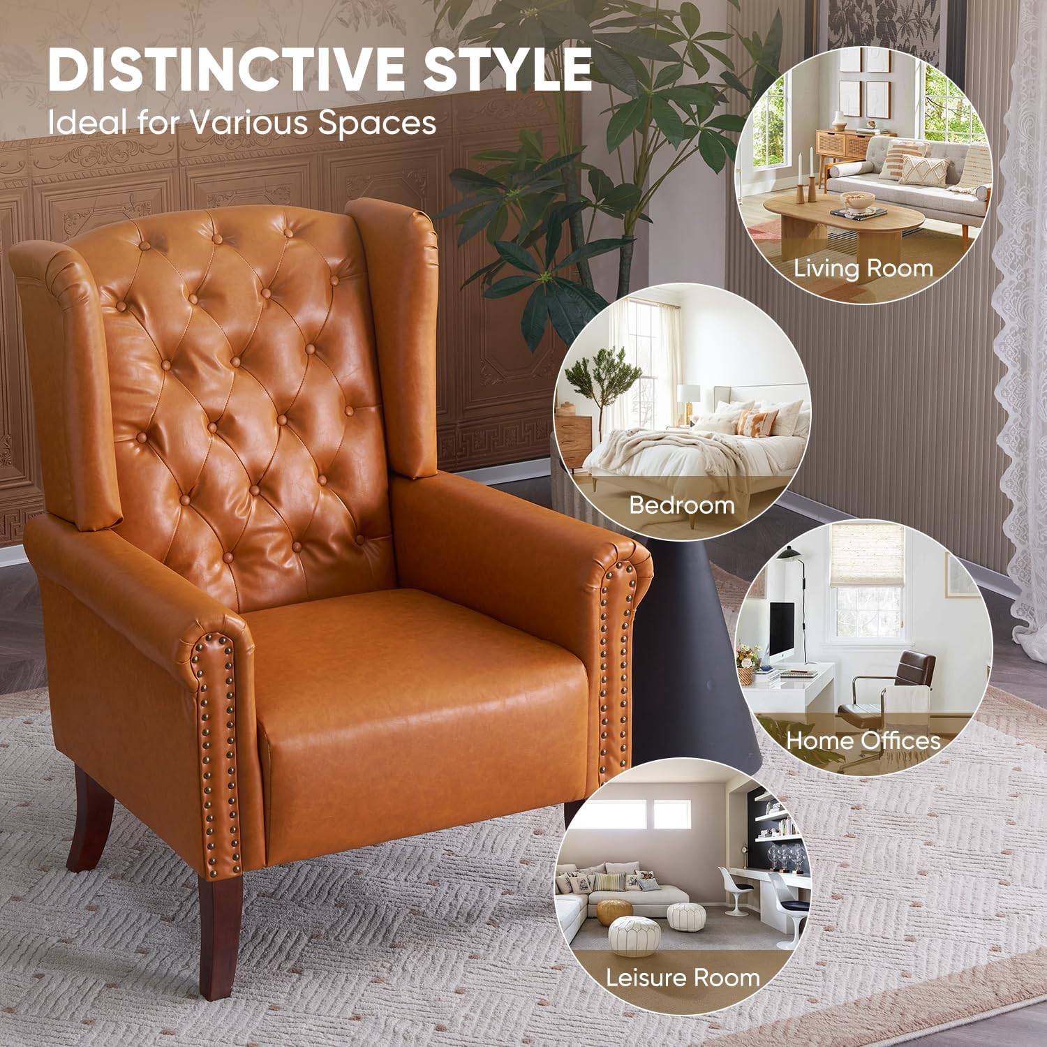 MOJAY Faux Leather Accent Chairs Set of 2, Mid-Century Modern Living Room Chairs Upholstered Club Arm Chair, Single Sofa Chair with Solid Wooden Legs for Bedroom Study Home Office Lounges (Camel) - Grand Goldman