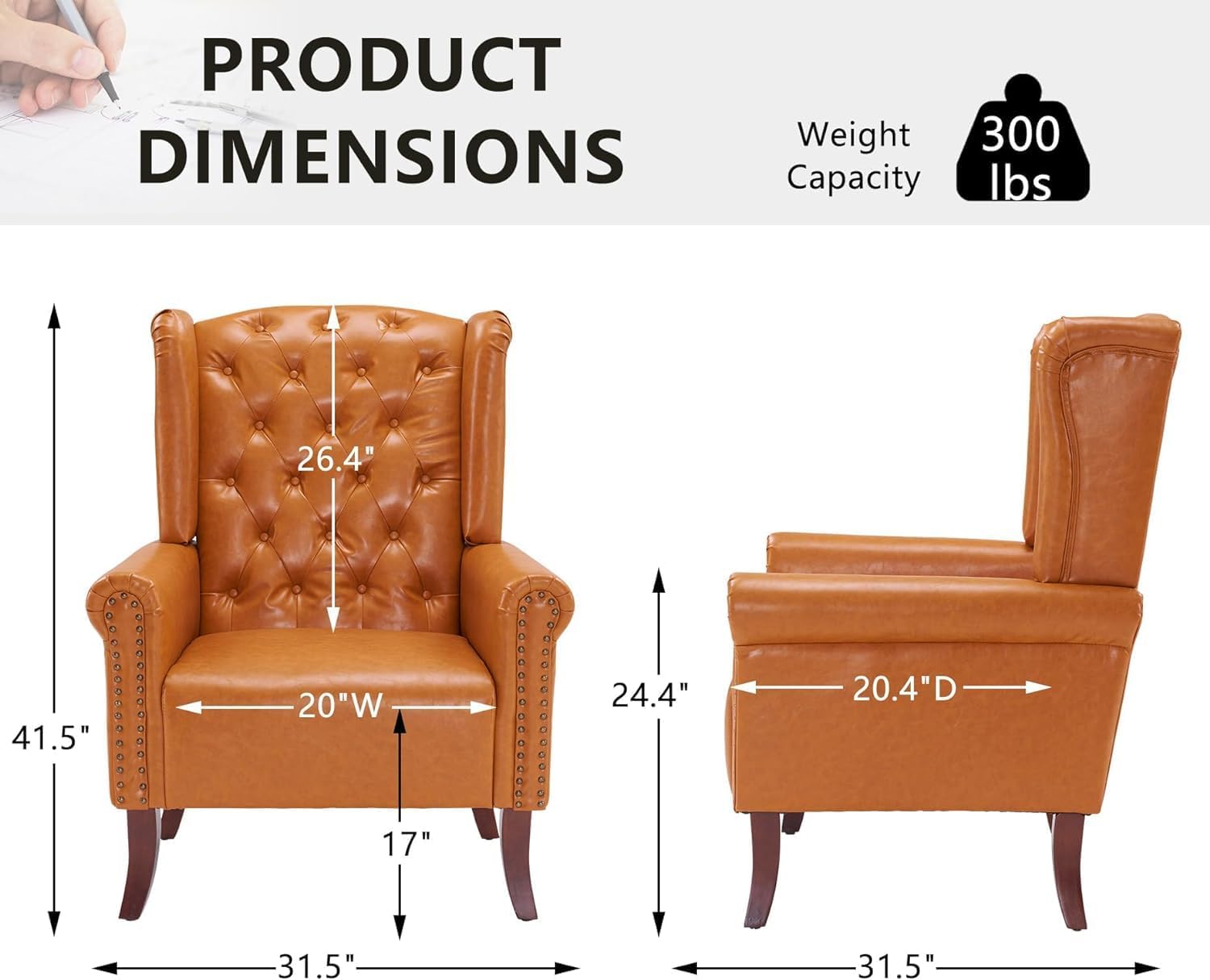 MOJAY Faux Leather Accent Chairs Set of 2, Mid-Century Modern Living Room Chairs Upholstered Club Arm Chair, Single Sofa Chair with Solid Wooden Legs for Bedroom Study Home Office Lounges (Camel) - Grand Goldman