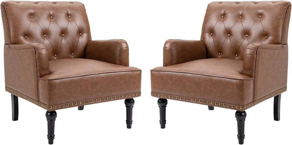 MOJAY Mid-Century PU Leather Accent Chair, Living Room Lounge Sofa Chair with Black Painted Rubber Wood Feet, Single Club Armchair with Rivet Trim for Bedroom Home Reception (Black) - Grand Goldman