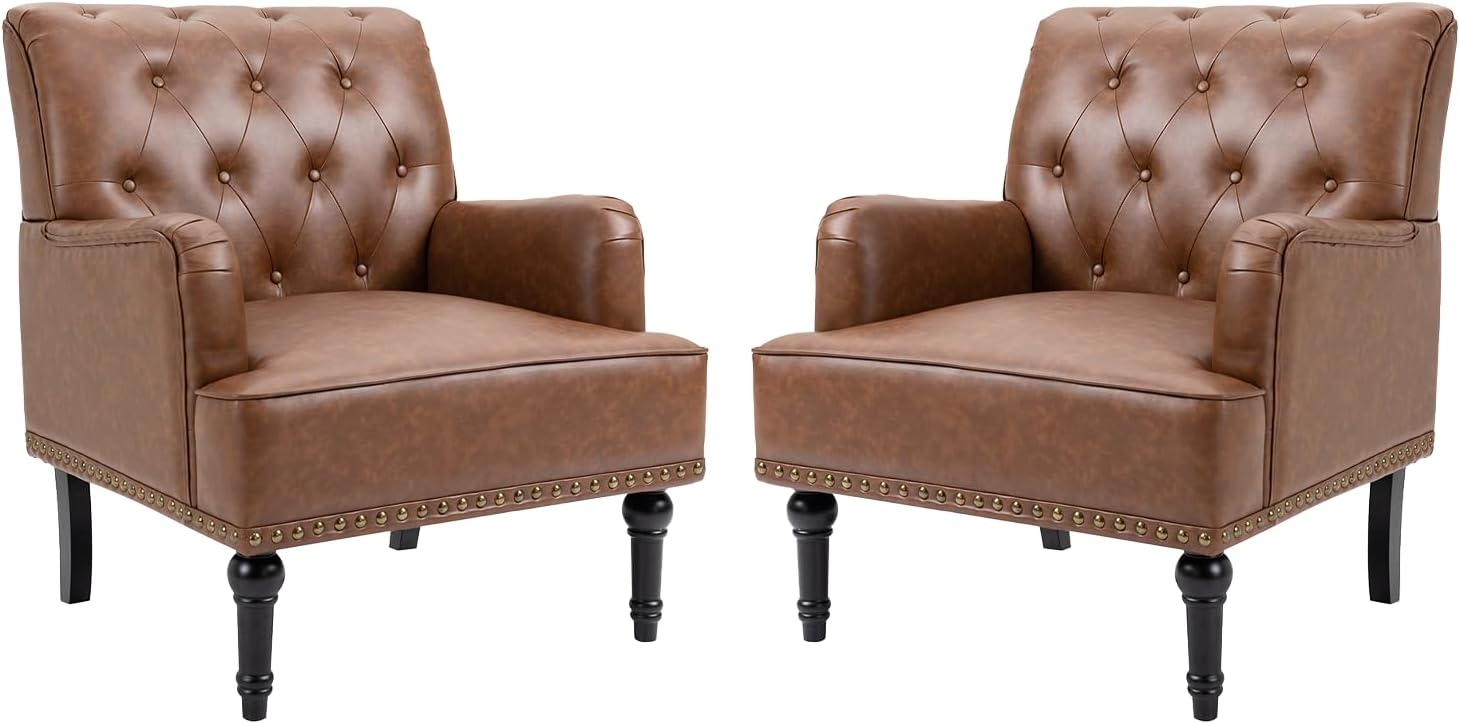 MOJAY Mid-Century PU Leather Accent Chair, Living Room Lounge Sofa Chair with Black Painted Rubber Wood Feet, Single Club Armchair with Rivet Trim for Bedroom Home Reception (Black) - Grand Goldman