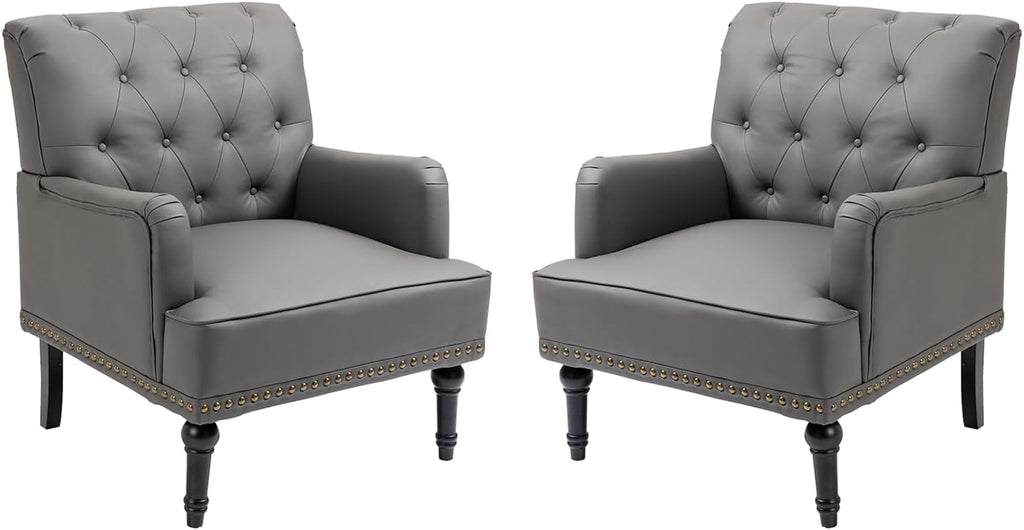 MOJAY Mid-Century PU Leather Accent Chair, Living Room Lounge Sofa Chair with Black Painted Rubber Wood Feet, Single Club Armchair with Rivet Trim for Bedroom Home Reception (Black) - Grand Goldman