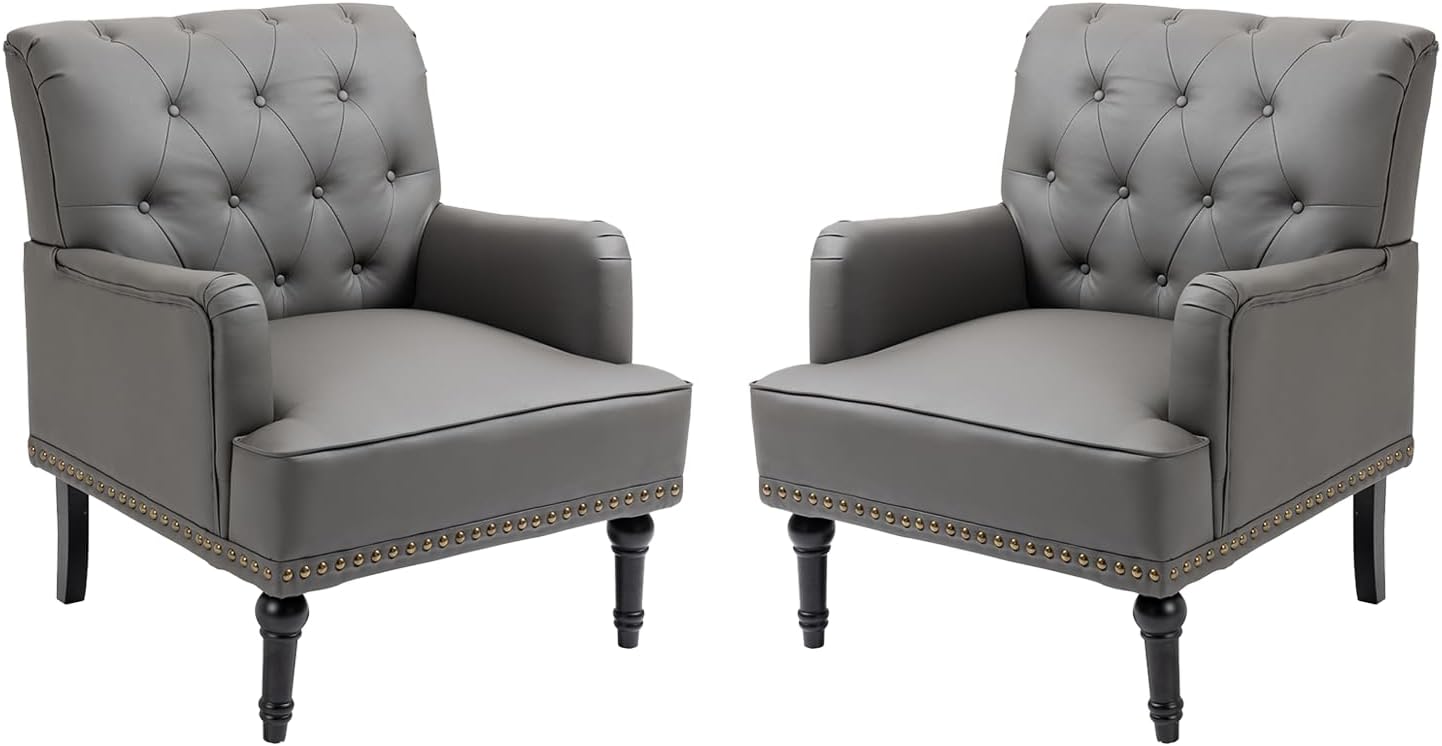 MOJAY Mid-Century PU Leather Accent Chair, Living Room Lounge Sofa Chair with Black Painted Rubber Wood Feet, Single Club Armchair with Rivet Trim for Bedroom Home Reception (Black) - Grand Goldman