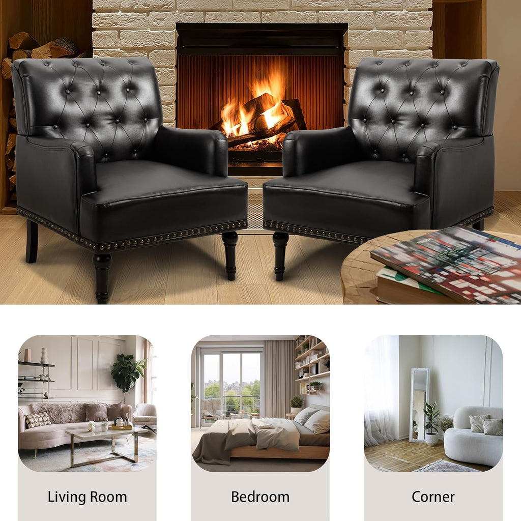MOJAY Mid-Century PU Leather Accent Chair, Living Room Lounge Sofa Chair with Black Painted Rubber Wood Feet, Single Club Armchair with Rivet Trim for Bedroom Home Reception (Black) - Grand Goldman