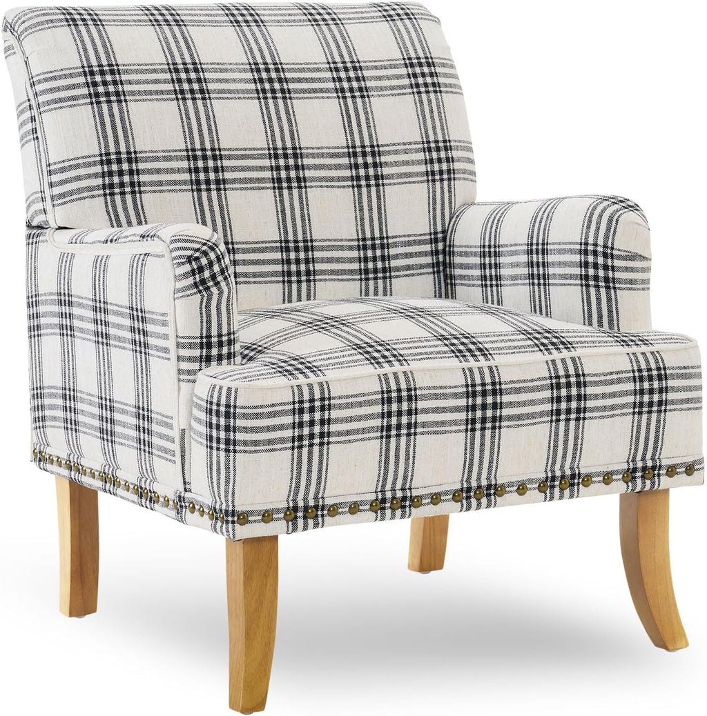 MOJAY Mid-Century PU Leather Accent Chair, Living Room Lounge Sofa Chair with Black Painted Rubber Wood Feet, Single Club Armchair with Rivet Trim for Bedroom Home Reception (Black) - Grand Goldman