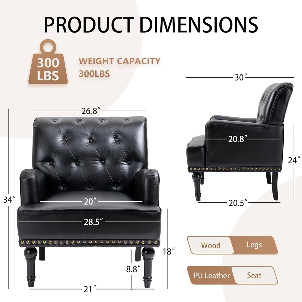 MOJAY Mid-Century PU Leather Accent Chair, Living Room Lounge Sofa Chair with Black Painted Rubber Wood Feet, Single Club Armchair with Rivet Trim for Bedroom Home Reception (Black) - Grand Goldman