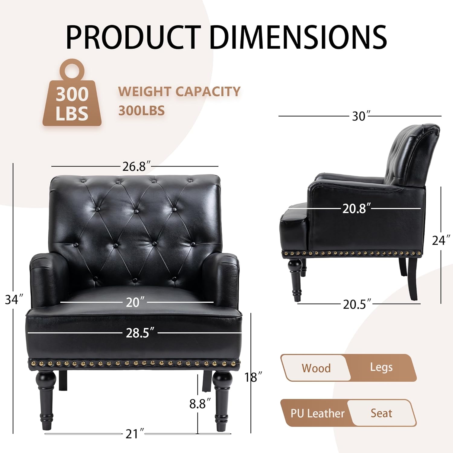 MOJAY Mid-Century PU Leather Accent Chair, Living Room Lounge Sofa Chair with Black Painted Rubber Wood Feet, Single Club Armchair with Rivet Trim for Bedroom Home Reception (Black) - Grand Goldman