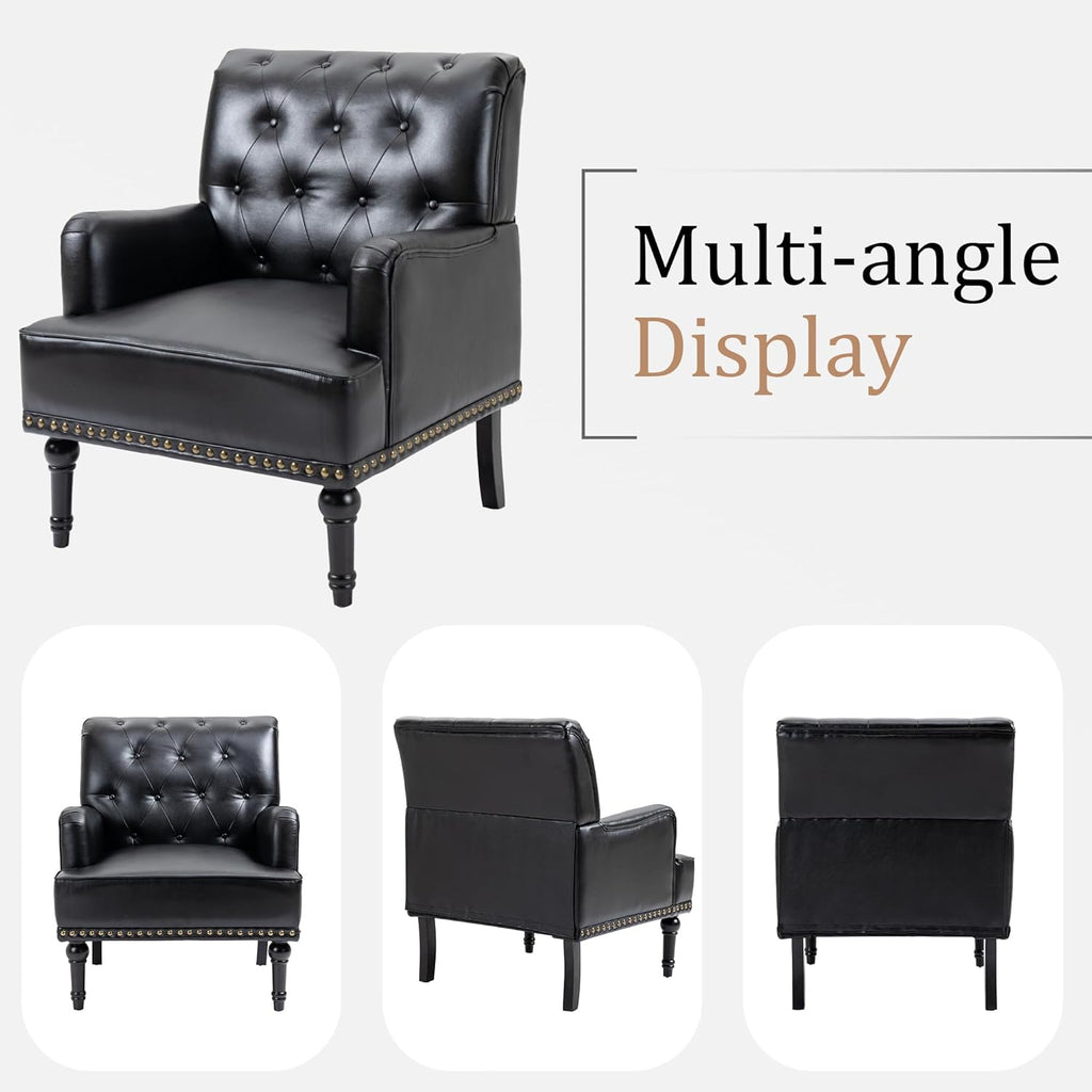 MOJAY Mid-Century PU Leather Accent Chair, Living Room Lounge Sofa Chair with Black Painted Rubber Wood Feet, Single Club Armchair with Rivet Trim for Bedroom Home Reception (Black) - Grand Goldman