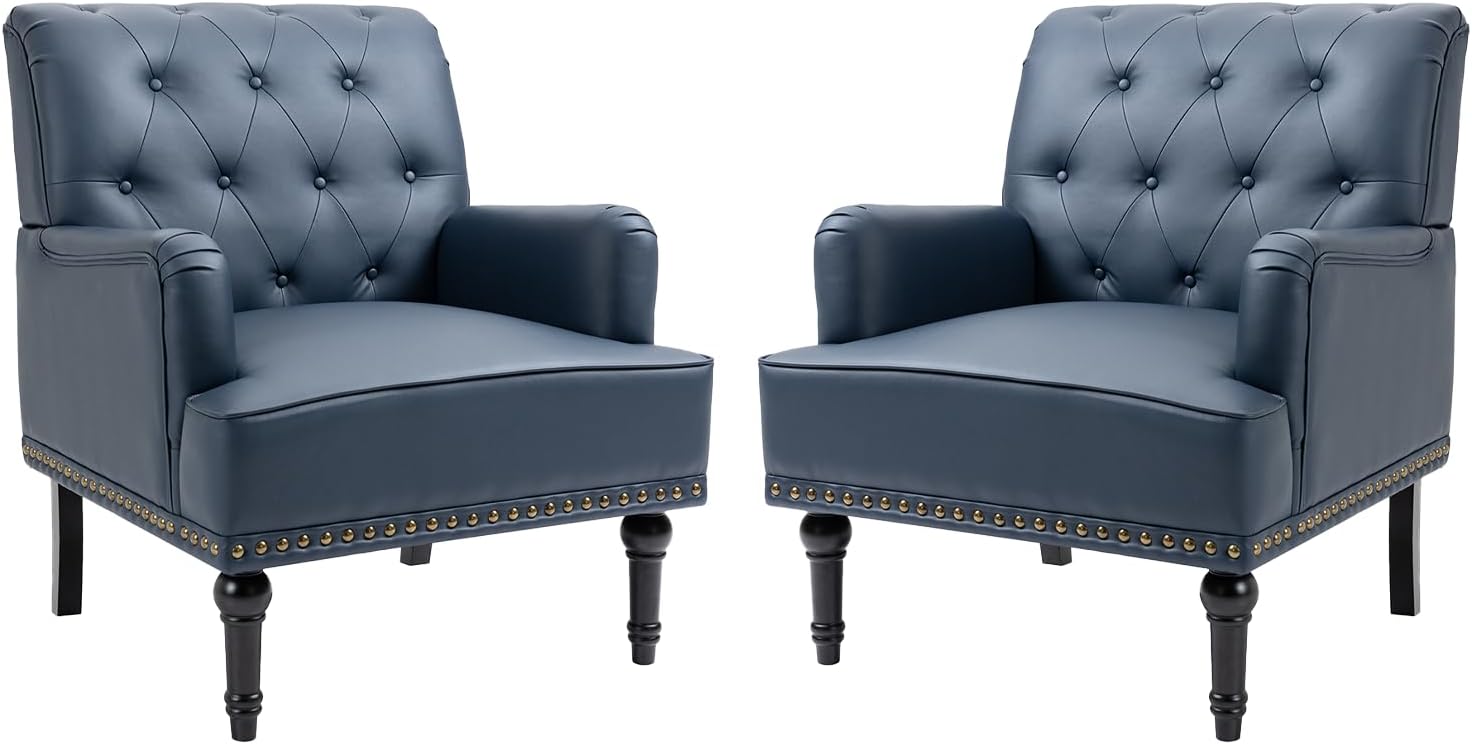 MOJAY Mid-Century PU Leather Accent Chair, Living Room Lounge Sofa Chair with Black Painted Rubber Wood Feet, Single Club Armchair with Rivet Trim for Bedroom Home Reception (Black) - Grand Goldman