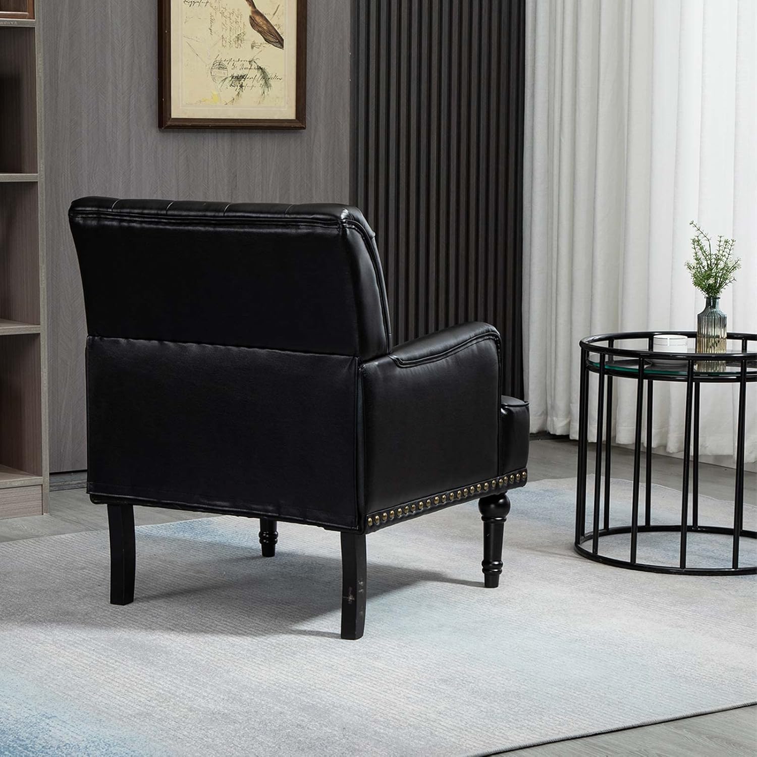 MOJAY Mid-Century PU Leather Accent Chair, Living Room Lounge Sofa Chair with Black Painted Rubber Wood Feet, Single Club Armchair with Rivet Trim for Bedroom Home Reception (Black) - Grand Goldman
