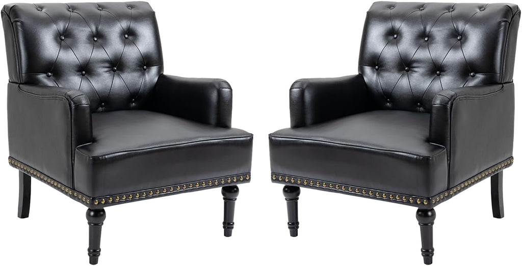 MOJAY Mid-Century PU Leather Accent Chair, Living Room Lounge Sofa Chair with Black Painted Rubber Wood Feet, Single Club Armchair with Rivet Trim for Bedroom Home Reception (Black) - Grand Goldman