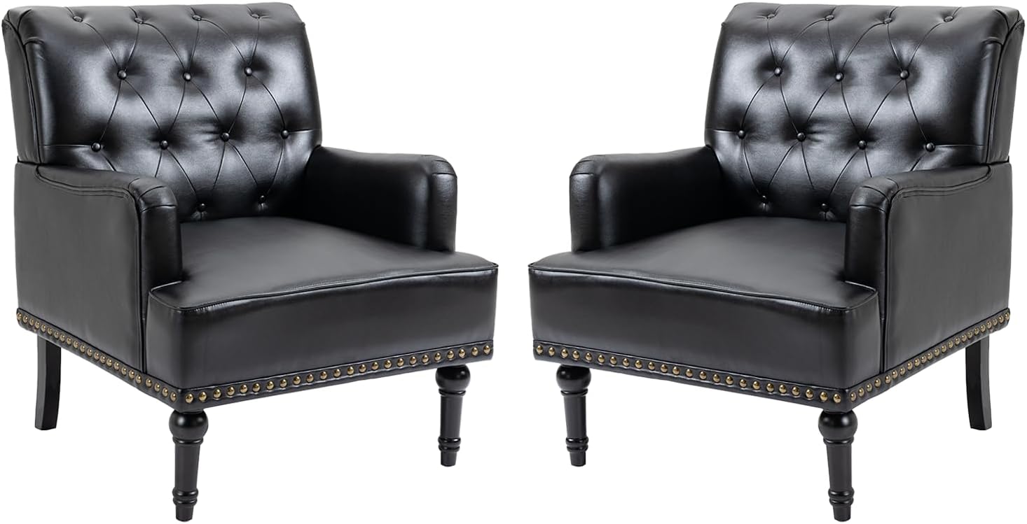 MOJAY Mid-Century PU Leather Accent Chair, Living Room Lounge Sofa Chair with Black Painted Rubber Wood Feet, Single Club Armchair with Rivet Trim for Bedroom Home Reception (Black) - Grand Goldman