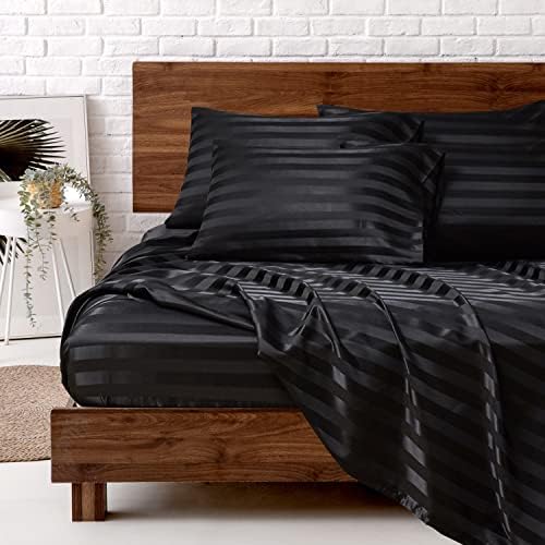 MR&HM Satin Bed Sheets, Queen Size Sheets Set, 4 Pcs Silky Bedding Set with 15 Inches Deep Pocket for Mattress (Queen, Black) - Grand Goldman