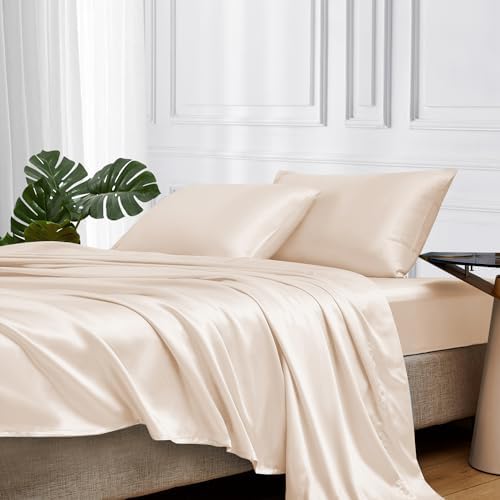 MR&HM Satin Bed Sheets, Queen Size Sheets Set, 4 Pcs Silky Bedding Set with 15 Inches Deep Pocket for Mattress (Queen, Black) - Grand Goldman