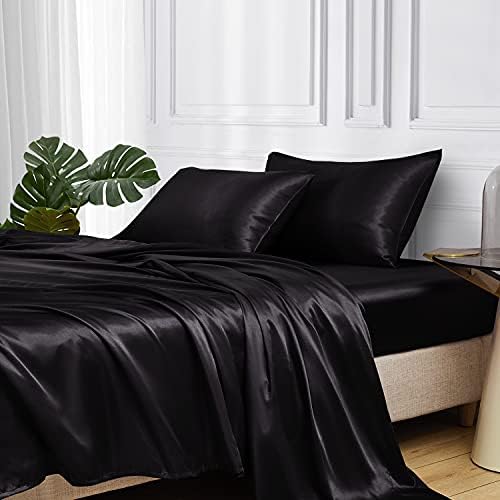 MR&HM Satin Bed Sheets, Queen Size Sheets Set, 4 Pcs Silky Bedding Set with 15 Inches Deep Pocket for Mattress (Queen, Black) - Grand Goldman