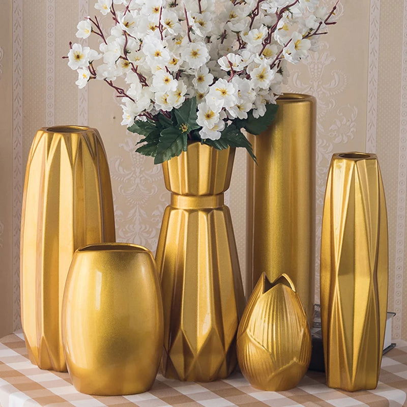MULLER Golden Ceramic Vase Modern Design European Style Flower Pot Countertop Decoration - Grand Goldman