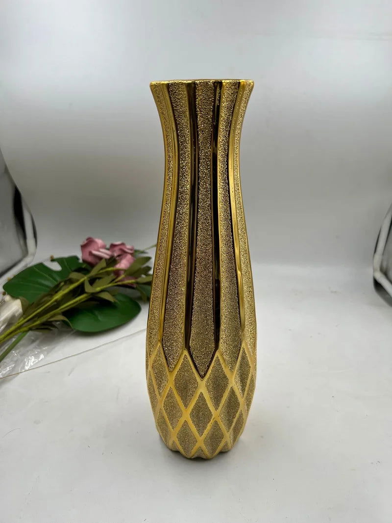 MULLER Luxury European Gold Contemporary Ceramic Vase 30CM Decorative Flower Amphora for Wedding and Home Decor Creative Design Urn Geometric Linear Forms - Grand Goldman
