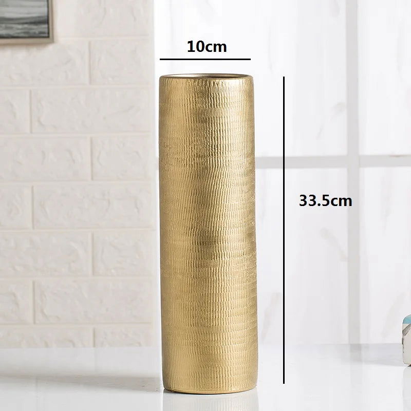 MURREN Electroplated Gold Ceramic Cylindric Vases - Modern Art Flower Pots for Home Interior Kitchen Patio & Office Decor - Grand Goldman