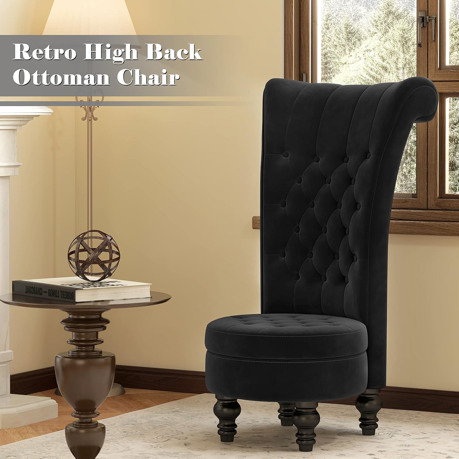 MU Retro High Back Armless Chair, Velvet Royal Furniture Chair, Upholstered Tufted Accent Seat for Living Room, Dressing Room, Bedroom, Black - Grand Goldman