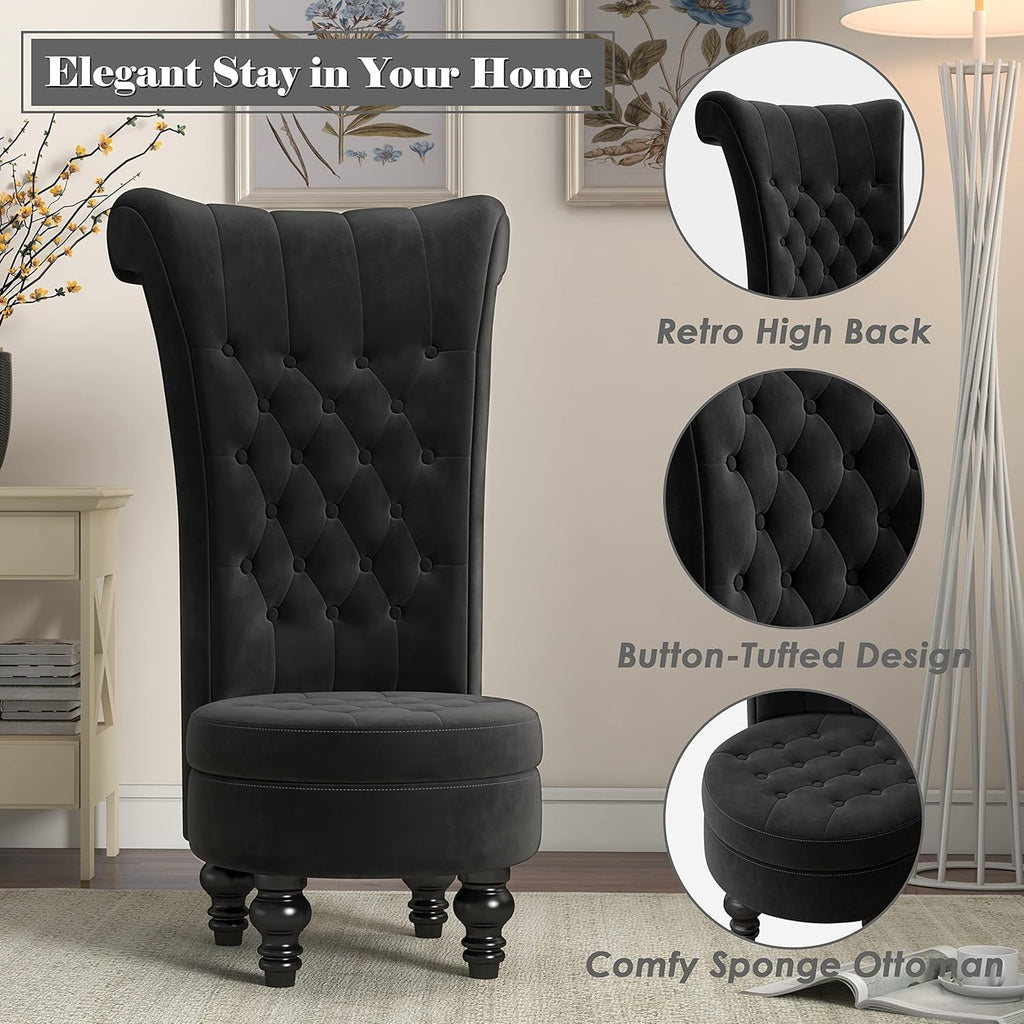 MU Retro High Back Armless Chair, Velvet Royal Furniture Chair, Upholstered Tufted Accent Seat for Living Room, Dressing Room, Bedroom, Black - Grand Goldman