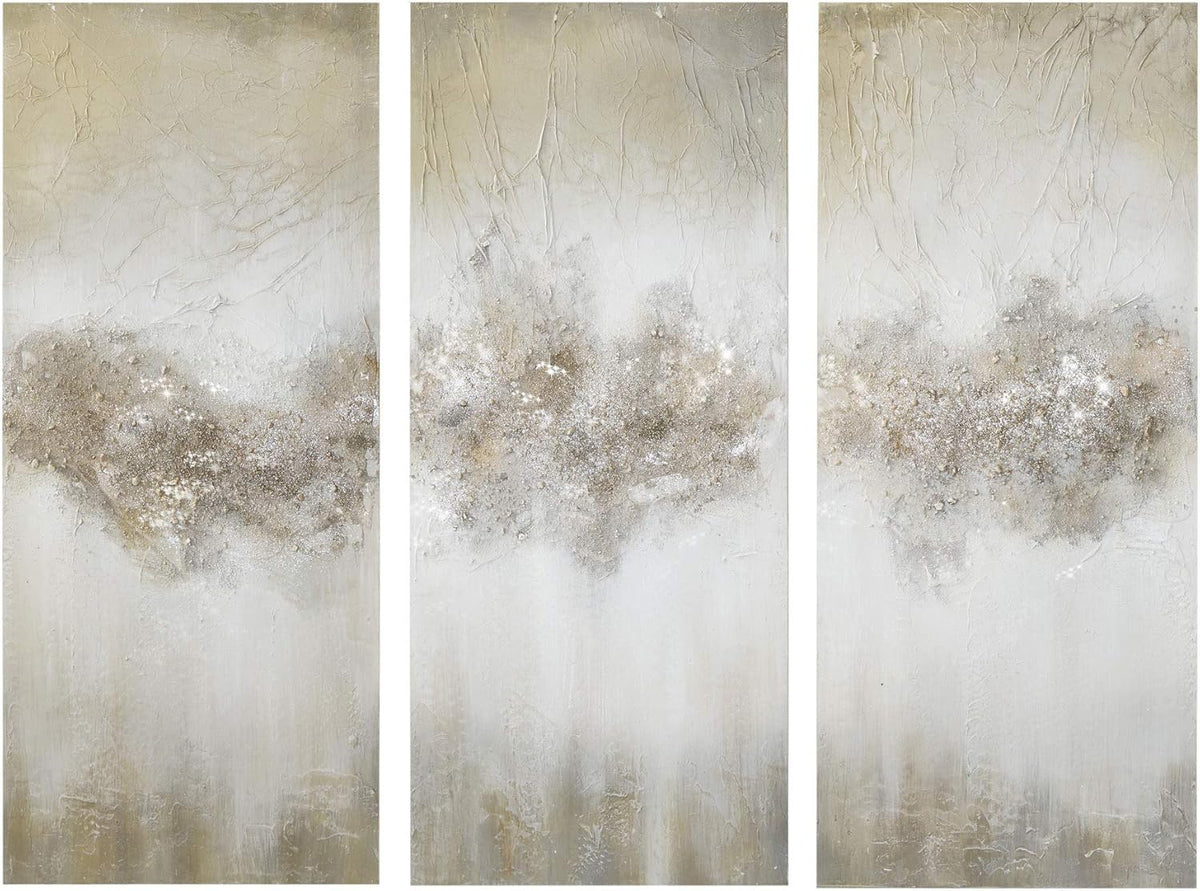 Madison Park Wall Art Living Room Décor - Embellished Hand Painted Canvas, Home Accent Glitter Abstract Bathroom Decoration Ready to Hang Painting for Bedroom, 15" W x 35" H x 1.5" D, Taupe 3 Piece - Grand Goldman