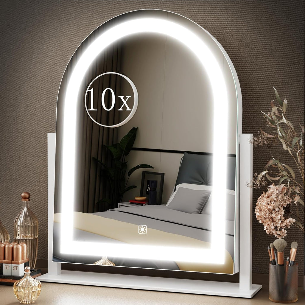 Makeup Vanity Mirror with Lights 15.2" Large LED Lighted Mirror, Hollywood Make Up Mirror with Lighting for Bedroom Tabletop, Smart Touch,Detachable 10X Magnification 360° Rotation, (White) - Grand Goldman