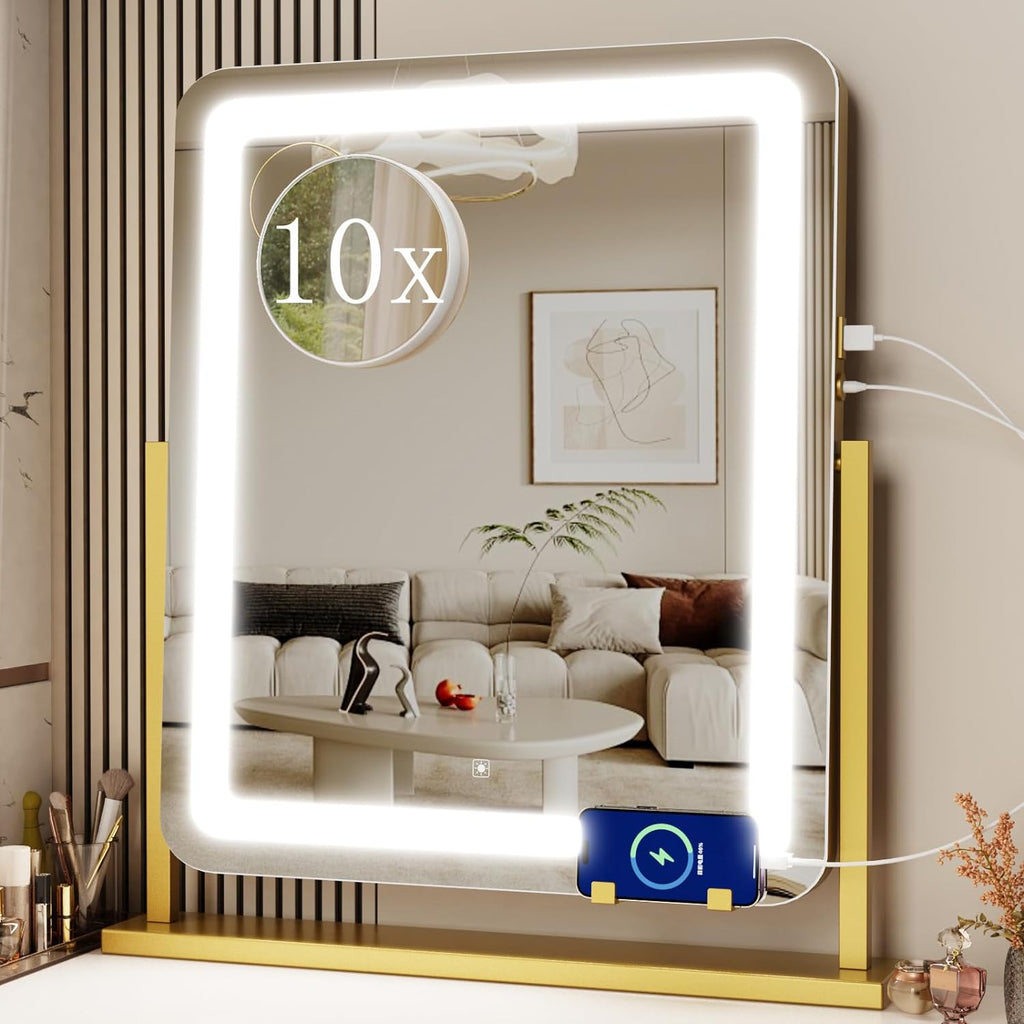 Makeup Vanity Mirror with Lights 15.2" Large LED Lighted Mirror, Hollywood Make Up Mirror with Lighting for Bedroom Tabletop, Smart Touch,Detachable 10X Magnification 360° Rotation, (White) - Grand Goldman